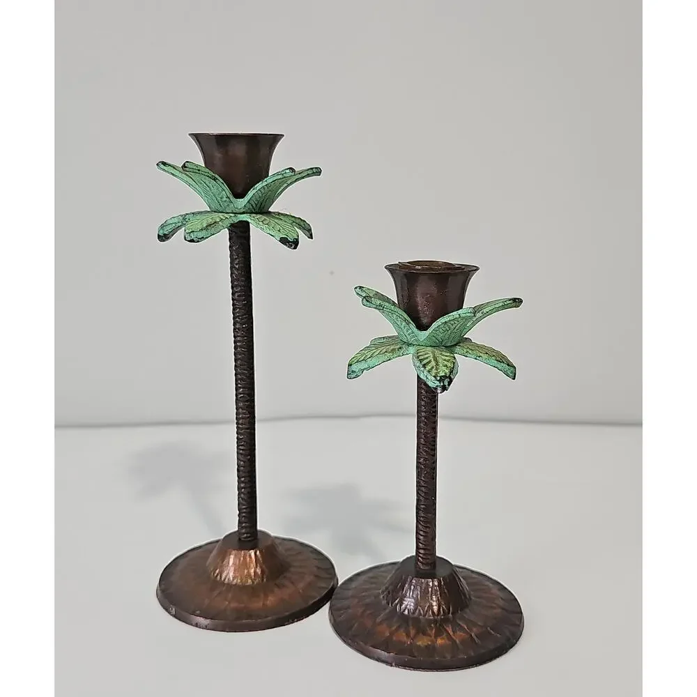Palm Tree Candle Holders Set of 2 Metal Tropical Coastal Decor